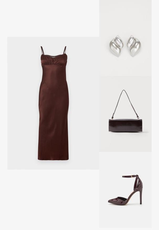 Satin midi kjole i mørkebrunt med tynde justerbare stropper, tætsiddende overdel, rynkedetaljer ved brystet og glat tekstur.; Bordeaux patentlæder højhælede sko med spids tå, ankelrem og en 10 cm stiletto hæl. Glat tekstur og minimal detaljer.; Rektangulær sort læderhåndtaske med en enkelt lang rem og blank finish, vist mod en ensfarvet hvid baggrund.; Sølvøreringe med en organisk, abstrakt form. Glat, skinnende overflade med et tilspidset design. Har subtile kurver og en centrallinje detalje.