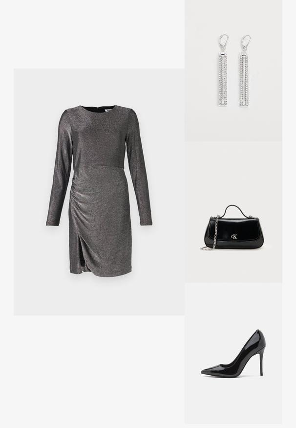 Vestido largo de manga larga en un gris oscuro brillante, con escote redondo, fruncidos laterales y una abertura en el dobladillo para una silueta ajustada.; Zapato de tacón alto de charol negro con punta afilada y textura suave, con un delgado tacón de aguja. Sin adornos visibles.; Bolso de mano de cuero negro con correa de cadena, forma estructurada y un acento de logo plateado. Textura suave con cierre de solapa.; Pendientes de plata con dos barras alargadas, cada una decorada con pequeños rhinestones claros en un patrón lineal. Cierre de presión.