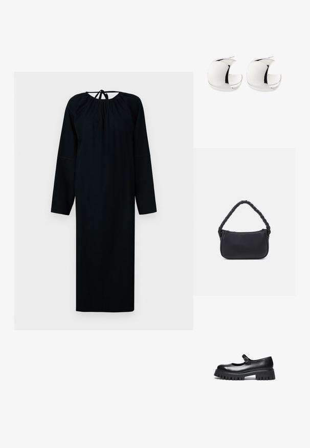 Vestido negro de manga larga, hecho de una tela suave, presenta un escote redondo con detalle de fruncido y un cierre de lazo en la parte posterior. Silueta simple.; Zapato negro de cuero estilo Mary Jane con punta redonda, correa en el tobillo y suela de goma gruesa con detalles estriados.; Bolso negro de forma redondeada, hecho de material liso. Presenta un asa trenzada y un cierre de cremallera para un almacenamiento seguro.; Par de pendientes de aro pulidos en forma de media luna de plata con cierre trasero de presión sobre fondo blanco.