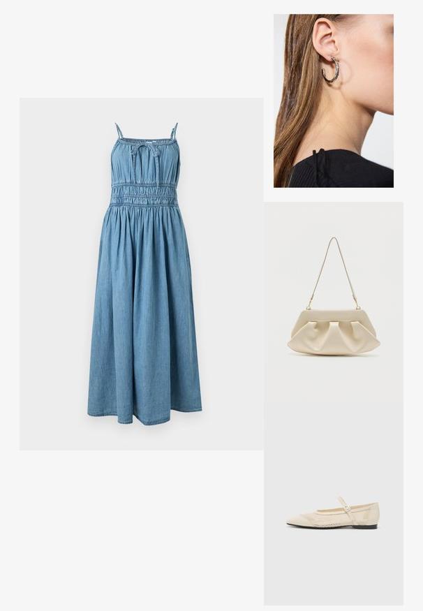 Blå ærmeløs denim midikjole med tynde stropper, tilskåret talje og en sløjfe bundet midt på brystet.; Beige balletflader med spids tå, mesh design overlay og en side spænde. Flad sål med en glat tekstur.; Kremfarvet blød clutch-taske med samlet plissering og en tynd skulderrem med guldfarvet hardware.; Sølv hoop ørestik med en poleret overflade, prydet med små guld accenter og en rund form, båret på øreflippen.