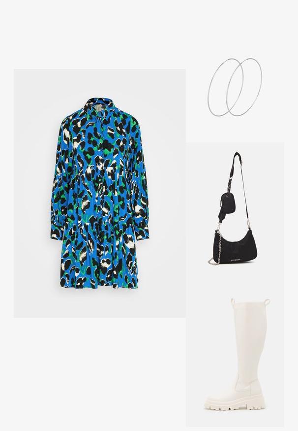 YAS YASMANHATTAN SHORT DRESS - Robe chemise - princess blue/manhattan; Bottes en caoutchouc blanches jusqu'aux genoux avec une semelle épaisse et des panneaux élastiques sur les côtés. Elles sont dotées de languettes en haut pour un enfilage facile. Texture lisse.; Sac en nylon noir à l'épaule avec une forme incurvée, accent en chaîne argentée, pochette mini amovible et bandoulière ajustable ; présente le logo "Steve Madden".; Boucles d'oreilles en argent au design minimaliste. Forme circulaire, texture lisse et profil fin. Légères avec une finition polie.