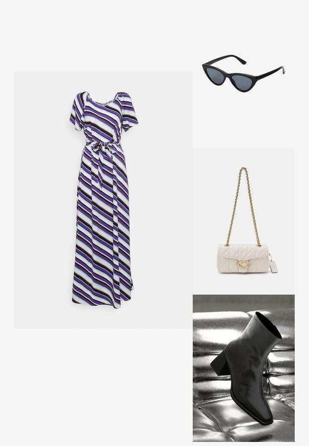 ONLY Tall ONLALMA LIFE LONG DRESS - Robe longue - purple city; Botte noire à la cheville en matériau brillant avec un bout carré et un talon effilé, sur un fond argenté brillant et capitonné.; Lunettes de soleil noires en forme d'œil de chat avec des verres gris foncé, monture en plastique élégante, coins pointus et branches droites. Pas de métal visible ni d'accents.; Sac à main en cuir blanc matelassé avec une bandoulière en chaîne dorée, dotée d'un fermoir doré et d'une étiquette amovible. Forme rectangulaire compacte.