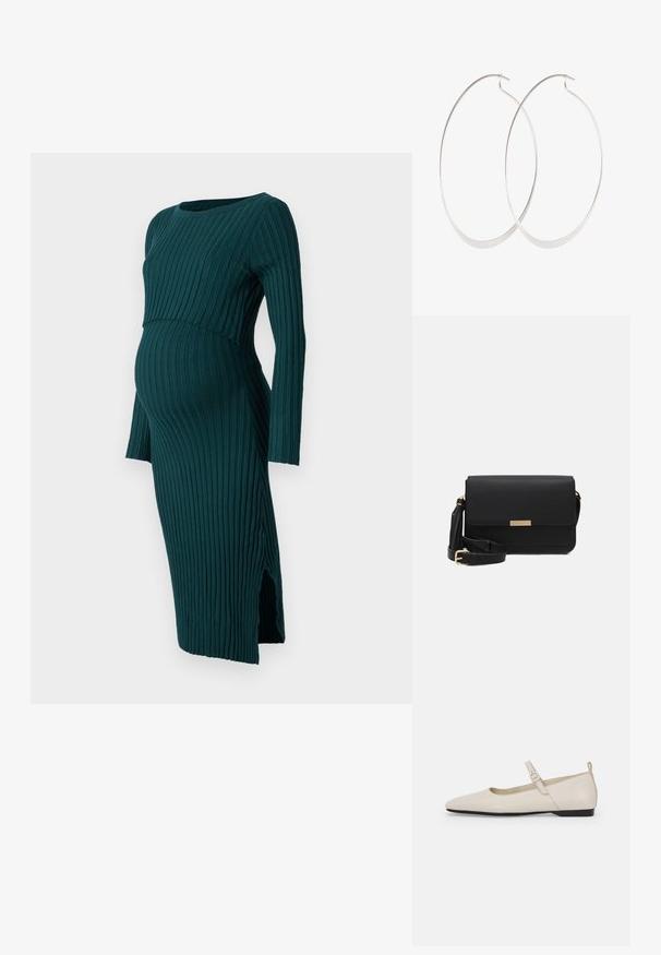 Anna Field MAMA by Zalando LONG SLEEVES DRESS - Svetríkové šaty - dark green; Biele kožené baleríny s špicatou špičkou, remienkom okolo členka a nízkym čiernym opätkom. Hladká textúra s minimálnymi ozdobami.; Čierna kožená crossbody taška s klopou, zlatým kovovým doplnkom, nastaviteľným popruhom a textúrovaným povrchom. Kompaktný obdĺžnikový tvar.; Strieborné kruhové náušnice s tenkým, hladkým dizajnom; predĺžený oválny tvar; lesklý povrch; majú bezpečné uzatváranie na háčik.