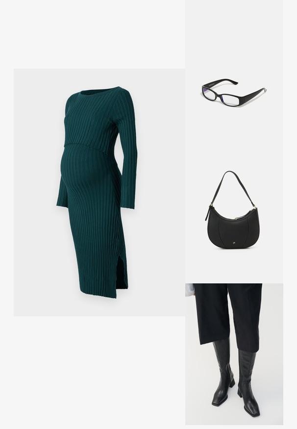 Anna Field MAMA by Zalando LONG SLEEVES DRESS - Strikkjoler - dark green; Sorte læder støvler til knæene med firkantet tå og blokhælc. Har en sidezipper og glat tekstur.; Sorte rektangulære briller med klare linser. Blank finish, smalle stænger, og lilla nuance synlig i kanterne af linsen.; Sort læderhåndtaske med en buet form, struktureret overflade, forreste syninger og et logo i guldfarve. Har en enkelt justerbar rem.