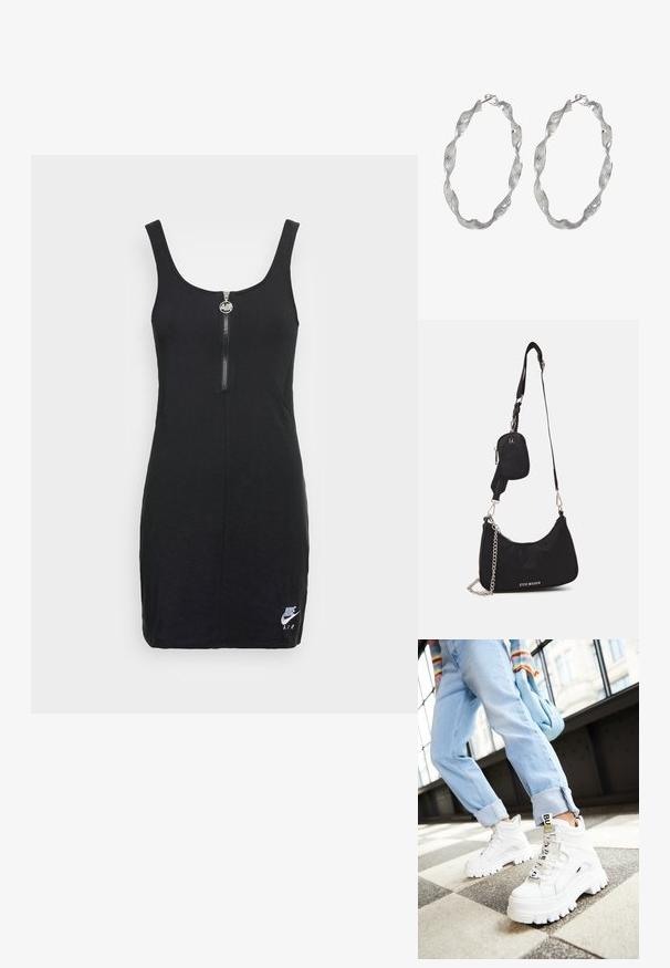 Nike Sportswear AIR DRESS - Jerseyjurk - black; Witte chunky sneakers met dikke zolen, veter-sluiting aan de voorkant en een merketiket. Draagt met lichtblauwe opgerolde jeans op een patroonvloer.; Zwarte nylon schoudertas met een gebogen vorm, zilveren kettingaccent, afneembaar mini-zakje en verstelbare schouderband; voorzien van het "Steve Madden" logo.; Zilveren ringoorbellen met een gedraaide ontwerp, met een gestructureerd oppervlak en een veilige sluiting. Lichtgewicht en reflecterend met een vloeiende afwerking.