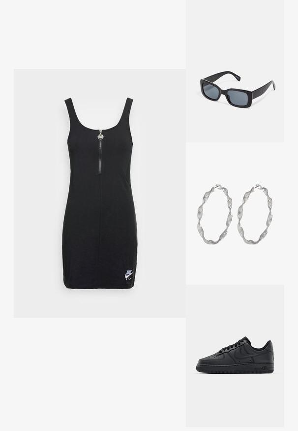 Nike Sportswear AIR DRESS - Jerseyjurk - black; Zwarte leren sneakers met geperforeerde neus, platte veters en rubberen zool. Voorzien van een klein logo aan de zijkant en gestructureerde details.; Zwarte rechthoekige zonnebril met donkere getinte lenzen, een dik plastic montuur en brede scharnieren. Glad oppervlak en hoekig ontwerp.; Zilveren ringoorbellen met een gedraaide ontwerp, met een gestructureerd oppervlak en een veilige sluiting. Lichtgewicht en reflecterend met een vloeiende afwerking.