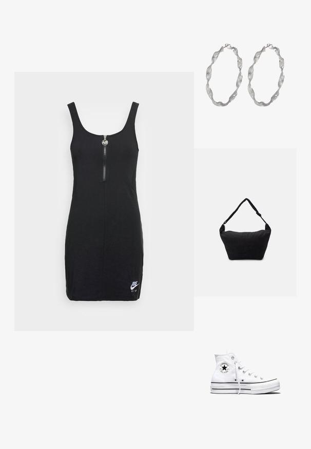 Nike Sportswear AIR DRESS - Jerseyjurk - black; Witte hoge Converse Chuck Taylor All Star sneaker met zwart logopatch en witte veters, weergegeven op een witte achtergrond.; Zwarte stoffen schoudertas met een zachte, gestructureerde oppervlakte, ronde vorm en een enkele strap. Minimalistisch ontwerp zonder zichtbare hardware of accenten.; Zilveren ringoorbellen met een gedraaide ontwerp, met een gestructureerd oppervlak en een veilige sluiting. Lichtgewicht en reflecterend met een vloeiende afwerking.