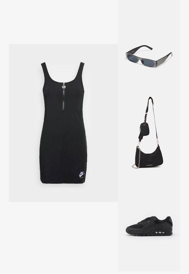 Nike Sportswear AIR DRESS - Robe en jersey - black; Baskets de sport noires avec une tige en cuir lisse et en mesh, bout rond, accents texturés, et une unité d'air visible dans la semelle.; Lunettes de soleil noires avec des verres gris, ornées d'un motif en grille de petits rhinestones métalliques le long des montures. Fini lisse, design angulaire.; Sac en nylon noir à l'épaule avec une forme incurvée, accent en chaîne argentée, pochette mini amovible et bandoulière ajustable ; présente le logo "Steve Madden".