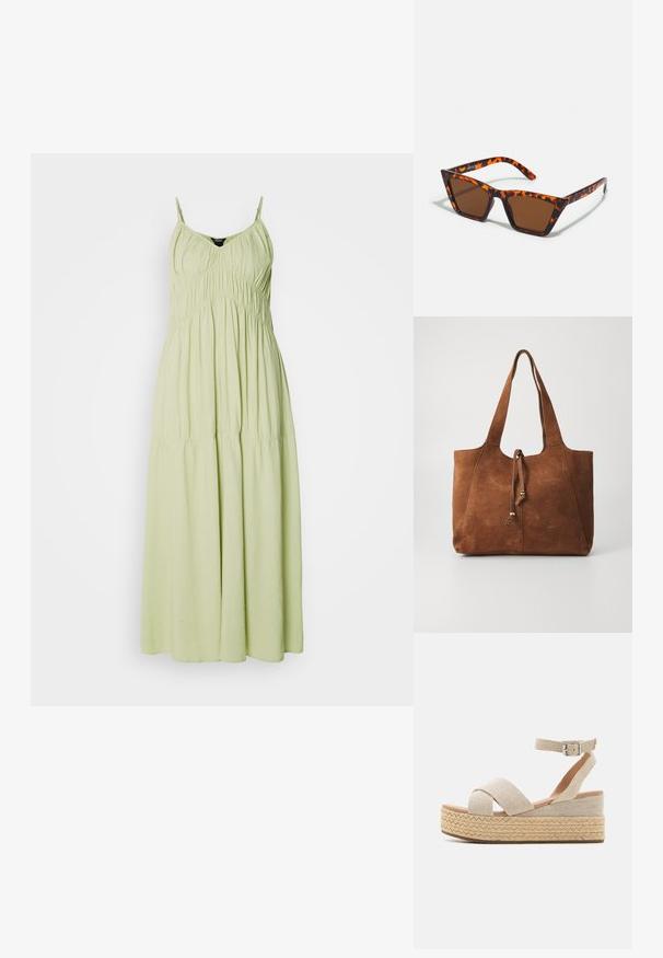 Lys grøn lang kjole med tynde stropper, samlet bodice og flydende nederdel. Fremstillet af blødt stof med en glat tekstur.; Beige espadrille platform sandaler med vævet tekstiloverdel, krydsede stropper, ankelspænde og struktureret jute-indpakket sål.; Brune tonede solbriller med et skildpadde-mønster, vinklede stel og slanke arme. Letvægts plastmateriale.; Brun ruskinds tote bag med to lange håndtag, snøre lukning og glat tekstur. Har et enkelt design og minimale accenter.