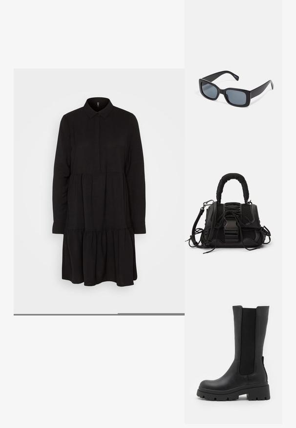Vero Moda VMINGE KNEE DRESS - Blusenkleid - black; ONLY SHOES ONLDOJA - Plateaustiefel - black; Schwarze rechteckige Sonnenbrille mit dunkel getönten Gläsern, dickem Kunstrahmen und breiten Bügeln. Glatte Oberfläche und kantiges Design.; Schwarze Handtasche mit einem Netzaußenmaterial, geflochtenem Griff und dekorativer Schnürung. Inklusive abnehmbaren Riemen und kontrastierenden Hardware-Elementen.