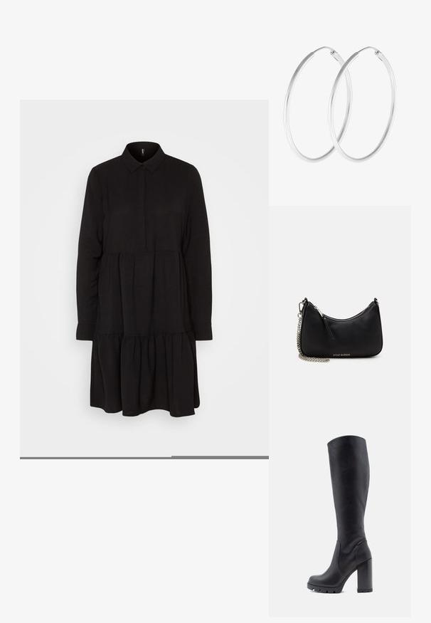 Vero Moda VMINGE KNEE DRESS - Blousejurk - black; Zwarte kniehoge laars, van glad leer, met een chunky hak, ronde neus, textuur op de zool voor grip, strak ontwerp zonder versieringen.; Zwarte synthetische handtas met een gebogen vorm, zilveren kettingriem, ritsluiting en een reliëf logo van het merk op de voorkant. Gladde textuur.; Zilverkleurige oorringen met een gladde, ronde vorm en een gepolijste afwerking. Beide oorbellen zijn van dezelfde grootte en hebben een veilige sluitmechanisme.
