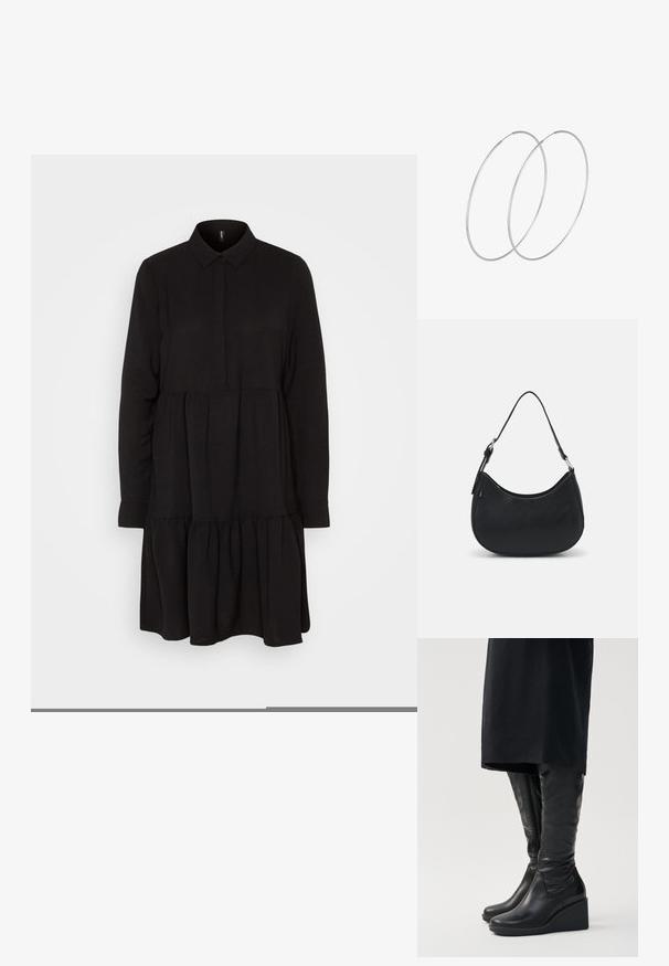 Vero Moda VMINGE KNEE DRESS - Blusenkleid - black; Schwarz lederne kniehohe Stiefel mit Keilabsatz, ausgestattet mit einer glatten Oberflächenstruktur und einem seitlichen Reißverschluss. Entworfen mit einer schlanken, körperbetonten Silhouette.; Schwarze Hobo-Tasche aus glattem Leder mit einer geschwungenen Silhouette, ausgestattet mit einem einzelnen verstellbaren Trageriemen und minimalistischem Design.; Silberne Creolen mit minimalistischem Design. Rundform, glatte Oberfläche und dünnes Profil. Leichtgewichtig mit hochglänzender Oberfläche.