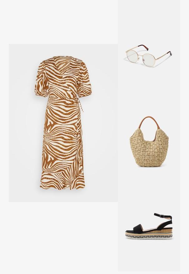 ONLY ONLCHICAGO LIFE MIDI DRESS - Vestido informal - carafe/west untamed; Sanda negra de ante con una tira ancha, hebilla en el tobillo y una suela de cuña estratificada que presenta texturas naturales y un patrón trenzado.; Gafas de metal dorado con forma ovalada y lentes transparentes. Detalles en carey en las patillas. Almohadillas nasales ajustables para mayor comodidad.; Bolsa de tote de paja trenzada con una textura natural y una forma suave y orgánica, con asas de cuero marrón para un fácil transporte.