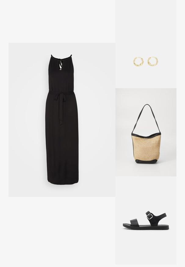 Anna Field by Zalando Maxi šaty - black; Čierne sandále s plochou podrážkou, nastaviteľnou prackou, dvoma širokými popruhmi a hladkým povrchom, navrhnuté pre pohodlie a jednoduché obúvanie.; Tkaná slamenná taška s prírodnou textúrou, zvýraznená čiernym syntetickým koženým lemom a ramenným popruhom; dizajn bez vrchu.; Zlaté kruhové náušnice s textúrovaným, nepravidelným povrchom. Majú ľahký dizajn a kruhový tvar, vhodné na každodenné nosenie.