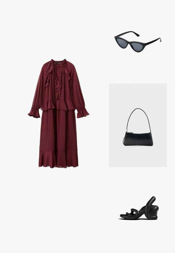 Vestido de manga larga en color burdeos con escote, puños y dobladillo con volantes, que presenta un detalle de lazo en el cuello y una cintura con peplum en capas.; Sandalias de tacón alto negras con un diseño de goma escultórico. Presentan correas curvas y un tacón grueso. Textura mate suave.; Gafas de sol negras en forma de ojo de gato con lentes gris oscuro, marco de plástico elegante, esquinas puntiagudas y patillas rectas. Sin herrajes ni acentos visibles.; Bolso rectangular negro con una correa fina y cierre de cremallera, sobre un fondo blanco liso.