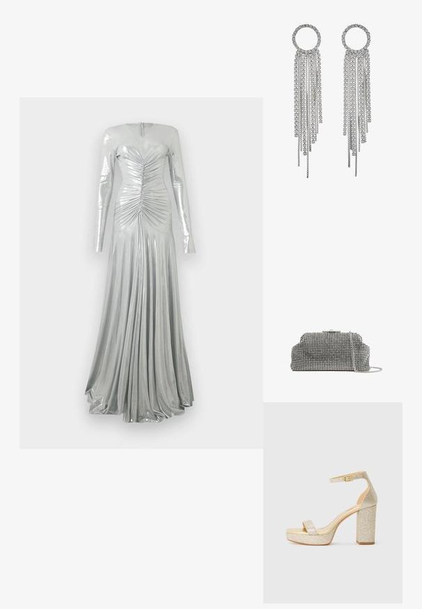 Robe longue à manches longues en métal argenté avec des détails froncés sur le corsage et une jupe longue plissée et fluide jusqu'au sol.; Sandale à talons hauts en plateforme dorée pailletée avec une bride à la cheville et une boucle sur fond blanc.; Reiss ADALINE EMBELLISHED - Pochette - silver coloured; Boucles d'oreilles en ton argent dotées d'un sommet circulaire avec des chaînes pendantes et des pierres à facettes carrées, mettant en valeur un design linéaire à plusieurs niveaux.