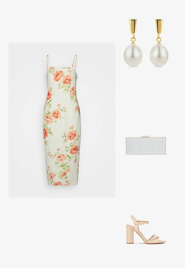 Forever New TIANA STRAPLESS MIDI - Cocktailkjole / festkjole - multi-coloured; Beige højhælede sandaler med en knyttet frontdesign, justerbar ankelrem og en solid blokhæls, lavet af glat læder.; Hvid rektangulær clutch med tekstureret overflade, guldfarvet metalramme og lås. Simpelt design uden synlige mønstre eller dekorationer.; Guld dråbeøreringe med store hvide ovale perler, der hænger fra en poleret rektangulær guldstift.