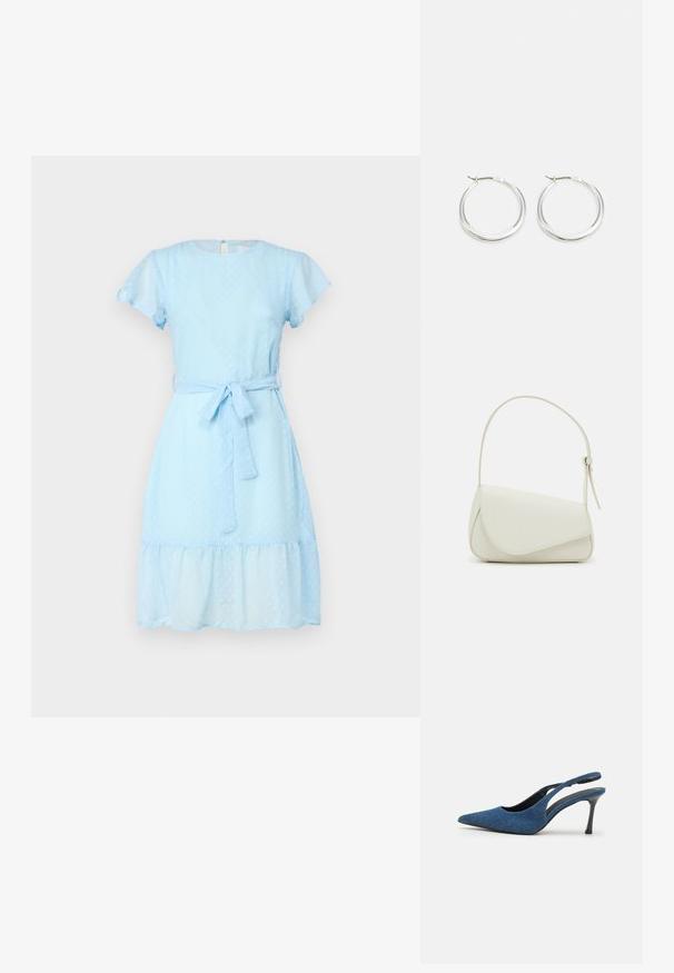 VILA VIMALIANA O NECK DRESS - Robe de jour - kentucky blue; Talons slingback en denim bleu avec un bout pointu, présentant un talon noir fin et un dessus en tissu texturé. Design ouvert à l'arrière.; Sac à main en cuir synthétique blanc avec une forme triangulaire structurée, une bandoulière unique réglable et un rabat à courbes accentuées.; Les boucles d'oreilles en argent en forme de créole présentent un design lisse et arrondi avec un profil fin et un fermoir sécurisé. Style minimaliste avec une finition polie.