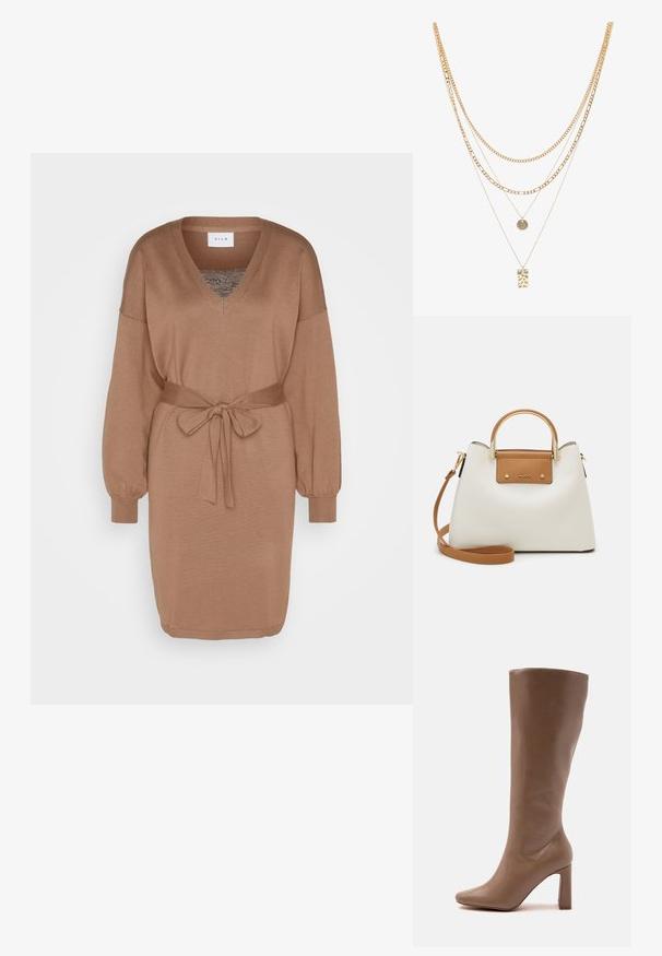 VILA VITRACY DRESS - Robe pull - brown lentil/black; Botte en cuir marron mi-mollet avec bout pointu et talon haut épais, vue de profil sur fond blanc.; Sac à main en cuir blanc à texture de galets avec un accent en cuir marron et une poignée supérieure. Comprend une bandoulière détachable et des accessoires en métal doré.; Collier en or à plusieurs couches avec différents styles de chaînes, y compris des maillons épais et des chaînes fines, orné de pendants circulaires et rectangulaires.