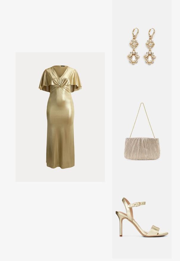 Gouden metallic jurk tot op de vloer met korte fladdermouwen, V-hals en een gedetailleerde gedraaide knoop bij de buste.; Gouden metallic, gestrikte hoge hak sandaal met een gesp sluiting, open teen en een gladde textuur. Kenmerkt zich door een slanke, puntige hak.; Plooitjes metallic stoffen handtas met een gouden kettinghengsel, zachte rechthoekige vorm, lichtbeige kleur, gestructureerd oppervlak en gathered details.; Gouden hangoorbellen met een clusterontwerp, versierd met ronde en druppelvormige heldere kristallen, die zich kenmerken door ingewikkelde details.