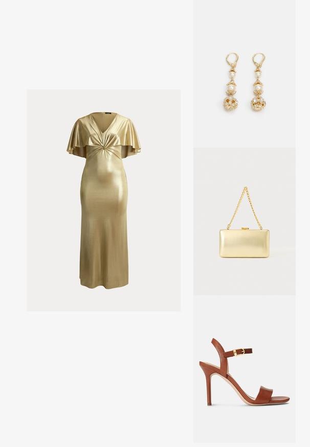 Gouden metallic jurk tot op de vloer met korte fladdermouwen, V-hals en een gedetailleerde gedraaide knoop bij de buste.; Bruine leren hoge hak sandaal met een elegant ontwerp, verstelbare enkelband en subtiele gouden gespaccent. Open teen en gladde textuur.; Rechthoekige gouden clutch met glanzende afwerking, metalen sluiting en korte gouden kettinghengsel tegen een effen lichte achtergrond.; Goudkleurige oorbellen met parelaccenten, voorzien van een sierlijk floral ontwerp en versierd met sprankelende stenen. Met een clip-on sluiting.