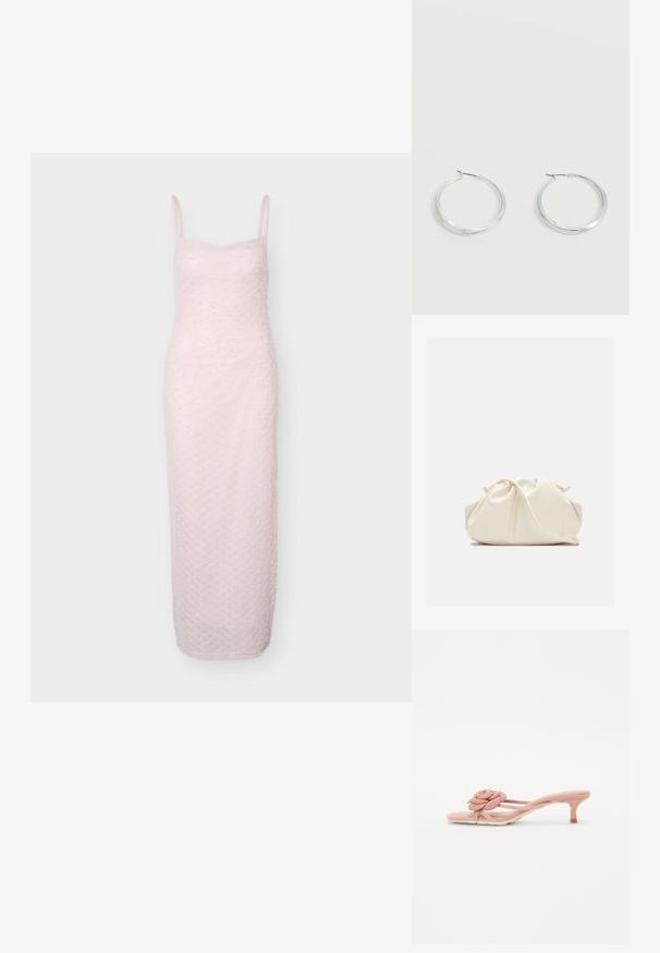 Hellrosa ärmelloses Midikleid mit dünnen Trägern, figurbetonter Silhouette und texturiertem Punktmuster über den gesamten Stoff.; Helle rosa Rutschsandalen mit einem strukturierten Blumendetail am Riemen und einem kleinen Absatz. Weiches Material und offenes Design.; Weiche, cremefarbene Leder-Clutch mit gerafftem Design und einem dünnen Schulterriemen, der vorne auf einem schlichten Hintergrund liegt.; Silberne Metallcreolen mit glatter, leicht gebogener Oberfläche und Klappverschluss vor schlicht weißem Hintergrund.