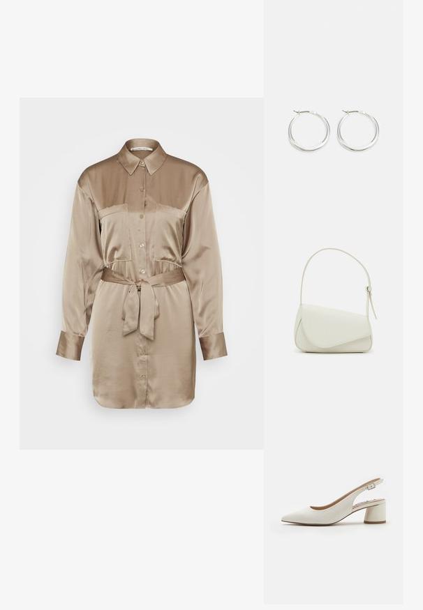 Abercrombie & Fitch DRAPEY SHIRTDRESS - Vestido camisero - fungi; Zapato de tacón destalonado de cuero blanco con punta afilada, tacón bloque de altura media y correa ajustable. Textura suave; diseño minimalista.; Bolso de mano de imitación cuero blanco con una forma triangular estructurada, correa ajustable única y cierre con solapa acentuada en curva.; Los pendientes de aro de plata presentan un diseño suave y redondeado con un perfil delgado y un cierre seguro. Estilo minimalista con un acabado pulido.