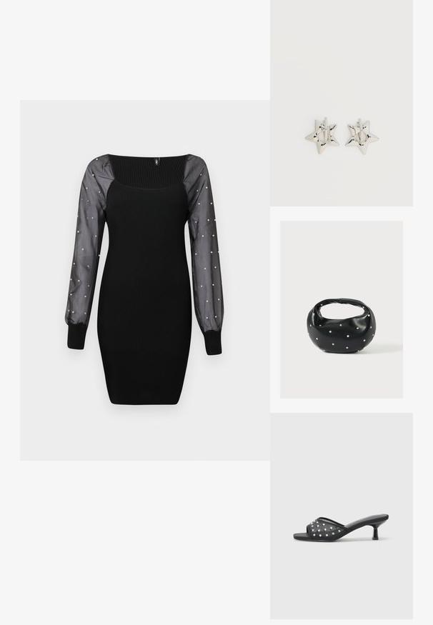 Robe noire moulante à côtes avec des manches longues transparentes ornées de petites perles et de poignets ajustés.; Sandale à talon bas ouverte noire avec un tissu transparent orné de clous décoratifs transparents et une semelle lisse.; Sac à main en cuir noir de forme arrondie, décoré de clous argentés et équipé d'une poignée courte. Texture lisse et fermeture éclair.; Boucles d’oreilles créoles en forme d’étoile argentée avec une finition lisse et polie sur un fond blanc uni.
