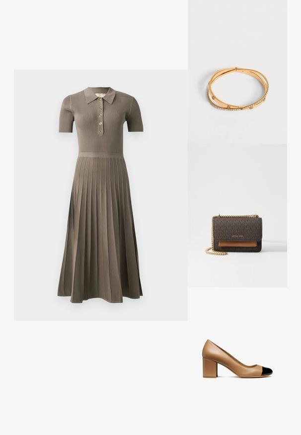 Vestido midi acanalado en marrón grisáceo con mangas cortas, cuello tipo polo, botonera dorada y diseño de falda plisada. Textura suave.; Zapato de tacón de cuero beige con punta redondeada y una capa de charol negro, que cuenta con un tacón cuadrado y una textura suave.; Bolso de mano marrón con un patrón, con una cadena dorada y un acento de cuero color beige. Cuenta con un cierre de solapa magnético. Fabricante: Michael Kors.; Pulsera triple de oro con pequeños detalles redondos y una banda con cristales transparentes incrustados, mostrada sobre un fondo blanco liso.