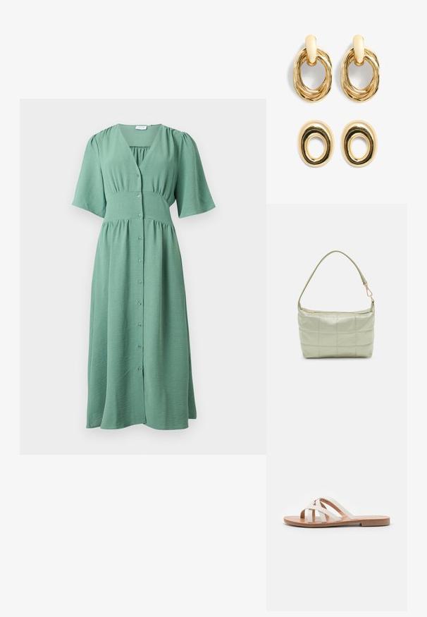 Vestido midi verde con mangas cortas abullonadas, escote en V, cierre frontal con botones y detalle de cintura ajustada.; Sandalias planas con correas de cuero blanco, una plantilla de cuero natural y una suela de color marrón claro. Diseño de punta abierta, minimalista y elegante.; Bolsa de hombro acolchada de color verde con una textura suave, forma rectangular, correa única y cierre de cremallera en tono dorado. Presenta un patrón acolchado.; Pendientes de metal en tono dorado con diseños ovalados retorcidos. La pareja superior tiene un bucle texturizado; la pareja inferior es lisa con un corte circular.