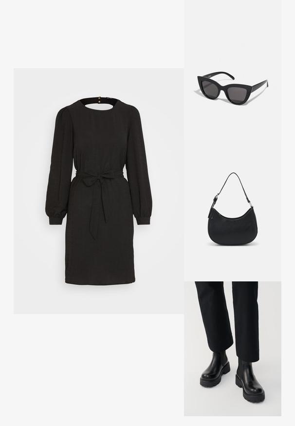 Vero Moda VMPAMMI DRESS - Denné šaty - black; Osoba nosiaca čierne kožené členkové čižmy s hrubou podrážkou v kombinácii s čiernymi nohavicami so širokými nohavicami na bielom pozadí.; Čierne slnečné okuliare v štýle mačacích očí s matným povrchom, so šedými tónovanými sklami, ostrými hranami a elegantnými bokovými ramenami. Názov značky je viditeľný na vnútornom ramene.; Čierna taška hobo vyrobená z hladkej kože s prehnutým siluetou, s jedným nastaviteľným popruhom a minimalistickými dizajnovými detailmi.