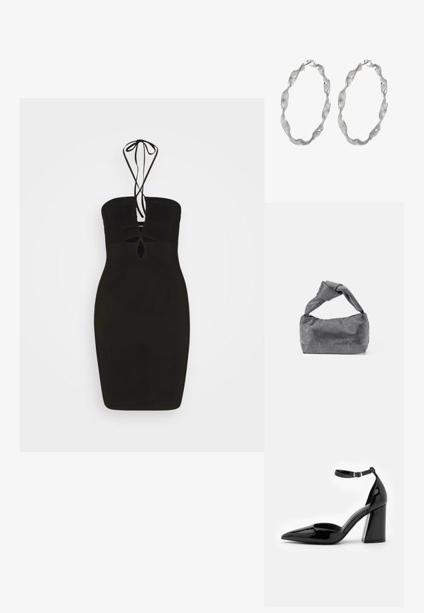 Even&Odd by Zalando Vestido ligero - black; Zapato de tacón alto de charol negro con punta afilada, correa en el tobillo y ancho tacón bloque para mayor estabilidad, con una textura suave y brillante.; Bolso de mano negro y plateado con una superficie texturizada que presenta un patrón de diamante, un asa anudada y una forma estructurada.; Pendientes de aro de plata con un diseño retorcido, que presentan una superficie texturizada y un cierre seguro. Ligeros y reflectantes con un acabado elegante.