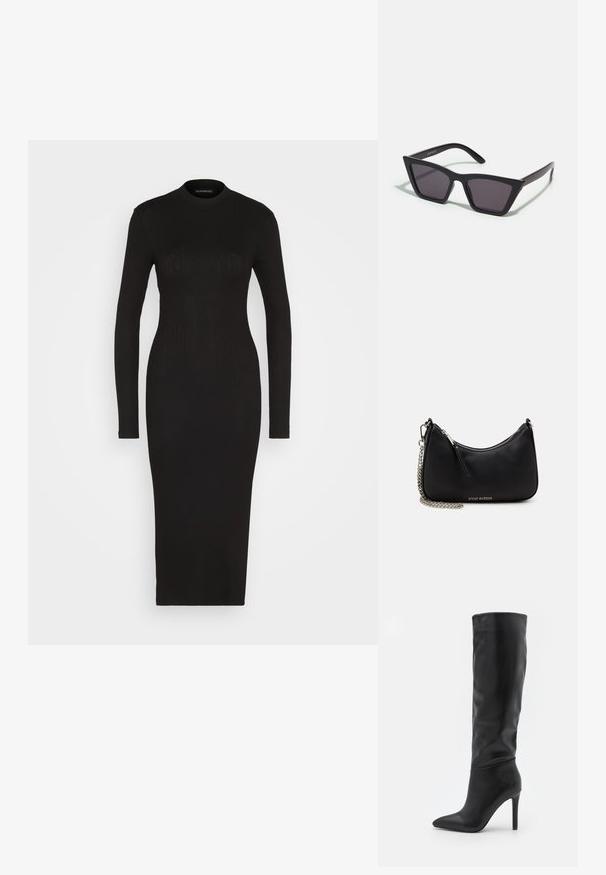 Even&Odd Robe fourreau - black; RAID TALISHA - Bottes - black; Lunettes noires angulaires avec des verres gris ; fabriquées en plastique, avec des branches épaisses à la surface lisse et sans matériel visible.; Sac à main synthétique noir avec une forme courbée, une bandoulière en chaîne argentée, une fermeture éclair et un logo de marque en relief à l'avant. Texture lisse.
