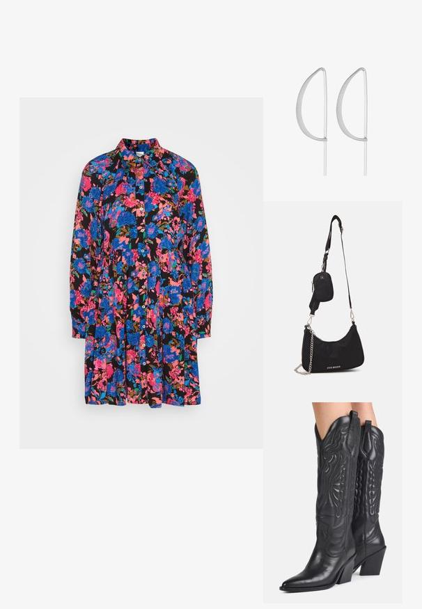YAS YASHELMA SHIRT DRESS - Blousejurk - black; Zwarte leren cowboylaarzen met spitse neuzen, decoratieve stiksels en schuine blokhakken gedragen door een persoon.; Zwarte nylon schoudertas met een gebogen vorm, zilveren kettingaccent, afneembaar mini-zakje en verstelbare schouderband; voorzien van het "Steve Madden" logo.; Zilveren metalen oorbellen met een minimalistisch gebogen ontwerp, met uitgerekte, open druppelvormen en een matte afwerking.