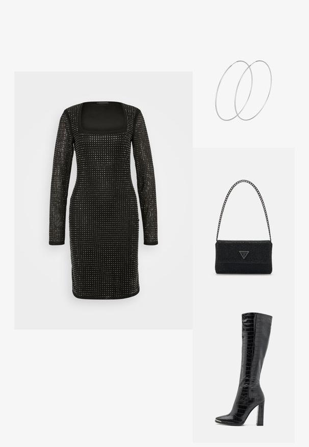 Zwarte jurk met lange mouwen en een vierkante halslijn, versierd met metallic studs in een ruitpatroon over een gestructureerde stof.; RAID JOCELYN - Laarzen - black; Zwarte parelhandtas met een textuur oppervlak, voorzien van een kettingriem en een driehoekige logo-plaat aan de voorkant. Compact rechthoekig ontwerp.; Zilveren hoepel oorbellen met een minimalistisch ontwerp. Cirkelvormig, gladde textuur en dun profiel. Lichtgewicht met een gepolijste afwerking.