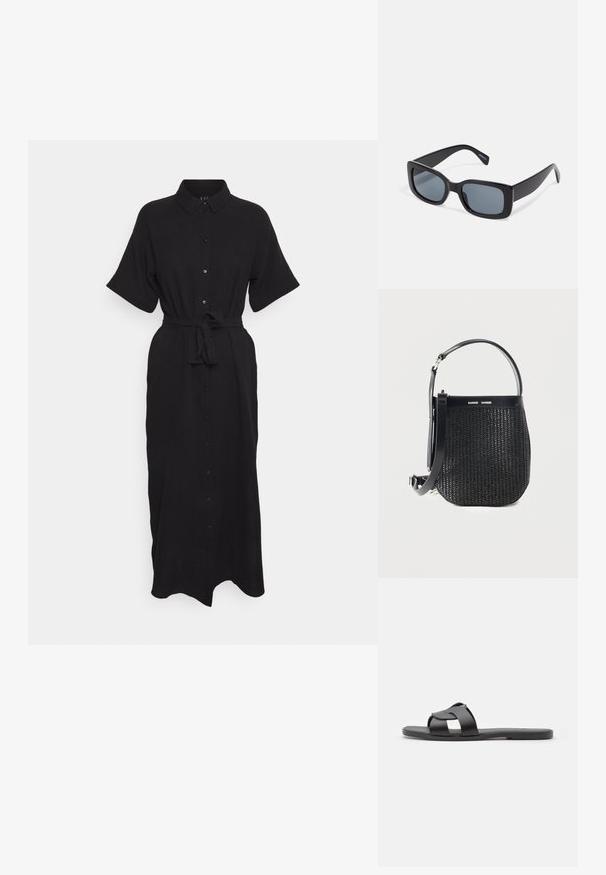 Vero Moda VMNATALI NIA 2/4 CALF WVN - Blousejurk - black; Zwarte schuimsandaal met een crisscross bandontwerp, platte zool, matte textuur en minimalistisch profiel. Geschikt voor casual gebruik.; Zwarte rechthoekige zonnebril met donkere getinte lenzen, een dik plastic montuur en brede scharnieren. Glad oppervlak en hoekig ontwerp.; Zwarte geweven handtas met afgeronde bodem, leren afwerking, verstelbare schouderriem en Samsøe Samsøe merklogo op de bovenste band.