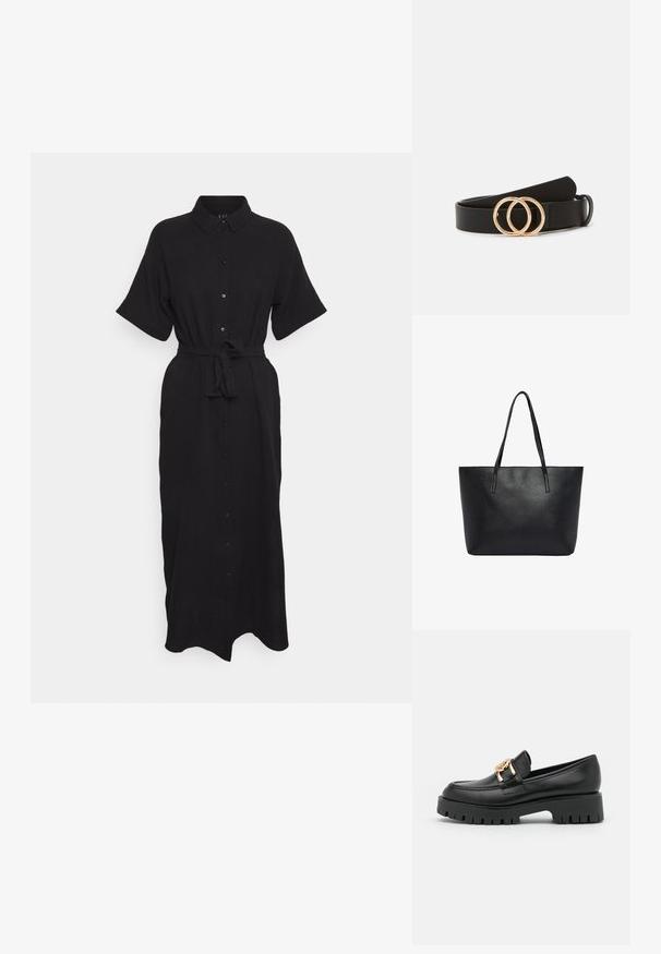 Vero Moda VMNATALI NIA 2/4 CALF WVN - Skjortekjole - black; Sorte læder loafers med en kraftig sål og guldhardware; har rund tå og syede detaljer langs overdelen.; Sort tekstureret lædertaske med to lange skulderremme, rektangulær form og åben top.; Sorte læderbælte med to gyldne cirkulære ringe som spænde, glat tekstur og minimalistisk design. Justerbar længde.