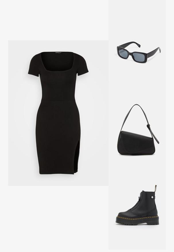 Even&Odd by Zalando Jerseykleid - black; Schwarze Knöchelboots aus glattem Leder, ausgestattet mit einem seitlichen Reißverschluss, gelben Nähten und einer dicken, geriffelten Gummisohle.; Schwarze rechteckige Sonnenbrille mit dunkel getönten Gläsern, dickem Kunstrahmen und breiten Bügeln. Glatte Oberfläche und kantiges Design.; Schwarze Lederhandtasche mit dreieckiger Form, schrägem Klappdeckel und rundem Oberhandgriff. Verfügt über eine glatte Textur und minimalistische Designdetails.