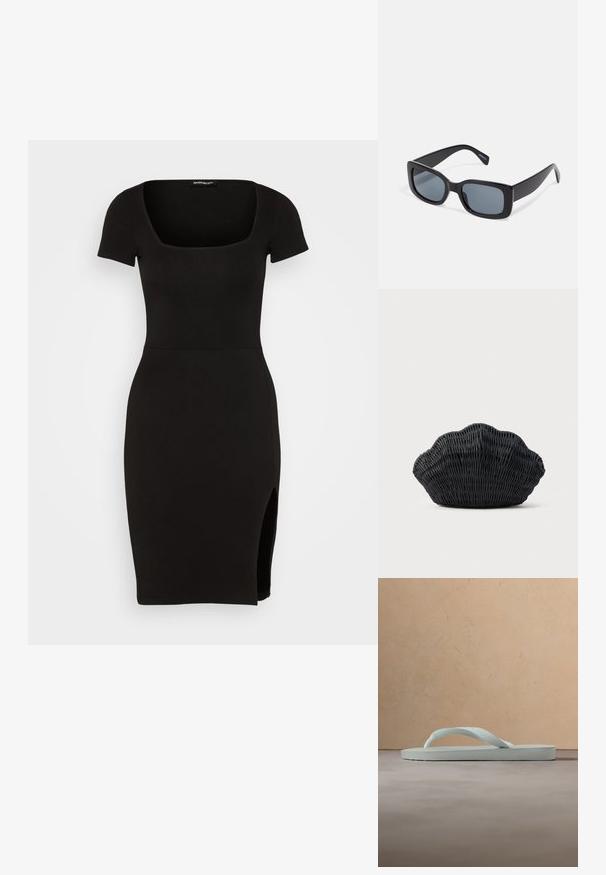 Even&Odd by Zalando Vestido ligero - black; Sandalia tipo chancla de goma beige claro con plantilla texturizada y correa en forma de Y sobre un fondo gris liso.; Gafas de sol rectangulares negras con lentes oscuros, montura de plástico grueso y patillas anchas. Superficie lisa y diseño anguloso.; Bolso de mimbre negro con forma de concha de vieira con parte superior curva y textura tejida sobre un fondo liso.