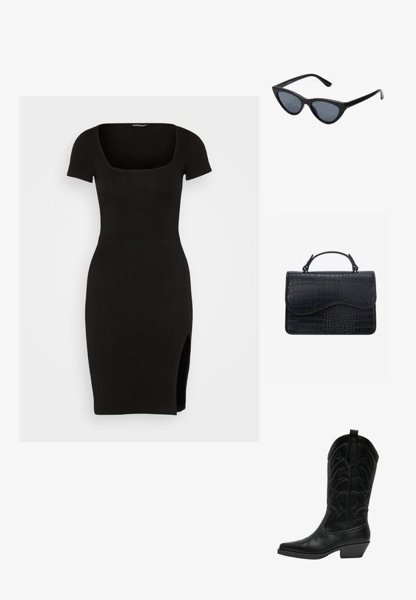 Even&Odd by Zalando Jerseyjurk - black; Zwarte leren cowboylaars met een puntige neus, gestapelde hak en decoratieve stiksels op de schacht. Gladde textuur met een matte afwerking.; Zwarte cat-eye zonnebril met donkergrijze lenzen, slank plastic frame, puntige hoeken en rechte pootjes. Geen zichtbare hardware of accenten.; Zwarte leren handtas met krokodillenstructuur, rechthoekige vorm, gebogen klep en korte toplus.