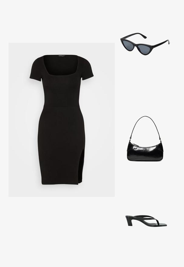Even&Odd by Zalando Robe en jersey - black; Sandale à talon en cuir verni noir avec bout carré et talon carré de hauteur moyenne, vue de côté sur fond blanc.; Lunettes de soleil noires en forme d'œil de chat avec des verres gris foncé, monture en plastique élégante, coins pointus et branches droites. Pas de métal visible ni d'accents.; Sac à épaule en cuir noir brillant avec un seul compartiment zippé et une fine bandoulière arquée.