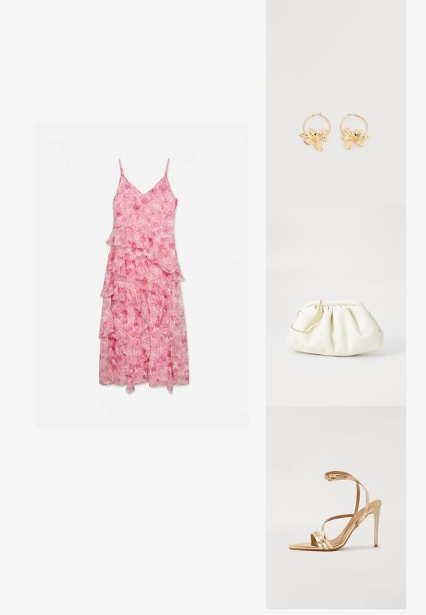 Pink blomster lagdelt ærmeløs kjole med tynde stropper og V-udskæring, lagt fladt på en hvid baggrund.; Even&Odd by Zalando Sandaler - gold; Hvid læderhåndtaske med en samlede design, forsynet med en guldkæde-strop og en rund form. Glat tekstur med bløde folder og ingen mønstre.; Gyldne øreringe i hoop med store, teksturerede blomsterformede vedhæng, vist på en ensartet hvid baggrund.