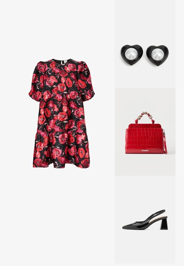 Zwarte jurk met een levendige rode en roze papaverbloemprint. Vloeiende stijl met pofmouwen en een gelaagde rok. Gestructureerde stof.; Zwarte gepatineerde slingback hakken met een spitse neus, voorzien van een unieke geometrische blokhak en een gladde textuur. Verstelbare band voor ondersteuning.; Rode handtas met krokodillenstructuur, zilverkleurig handvat omwikkeld met ketting, afneembare polsband en "Steve Madden"-logo aan de voorkant.; Zwarte hartvormige oorbellen met een glanzende afwerking, voorzien van een opvallend zilveren parelachtige middelste gedeelte. Soepele textuur met afgeronde randen.