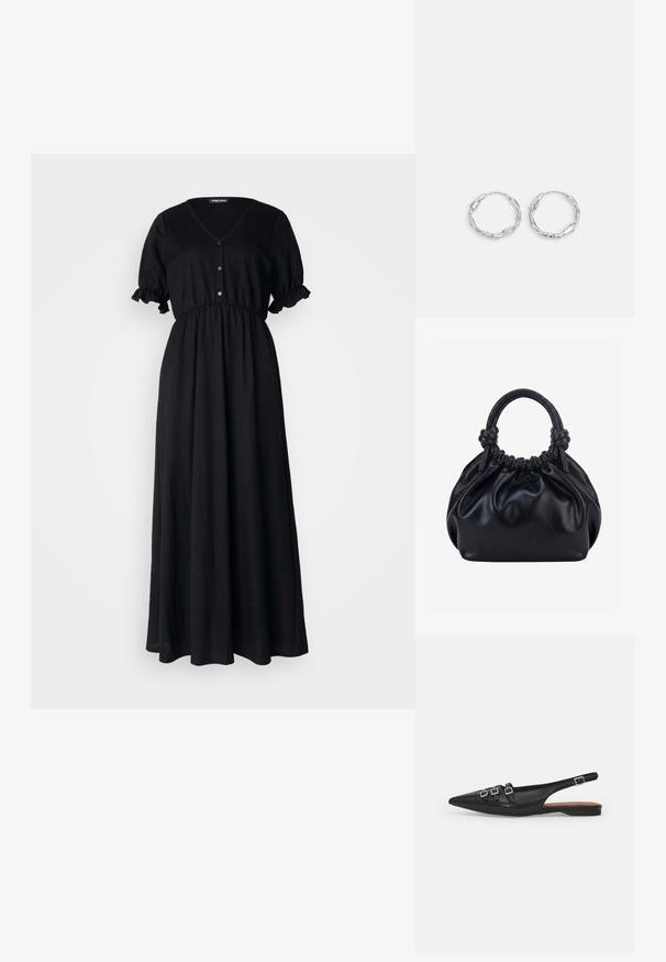 Schwarzes Maxikleid aus leichtem Stoff mit V-Ausschnitt, kurzen Rüschensleeves und einem gerafften Saum mit Knopfverzierungen.; Schwarze Leder-Slingback-Ballerina mit spitzem Zeh, ausgestattet mit zwei horizontalen Riemen und quadratischen silbernen Schnallen, mit flachem Absatz und glatter Oberfläche.; Schwarze weiche Lederhandtasche mit gerafftem oberen Teil und zwei dicken, zu Knoten gebundenen Griffen vor einem einfarbigen hellen Hintergrund.; Silberne Creolen mit einer welligen, unregelmäßigen Textur. Besitzen eine dünne, kreisförmige Form und eine reflektierende Oberfläche.