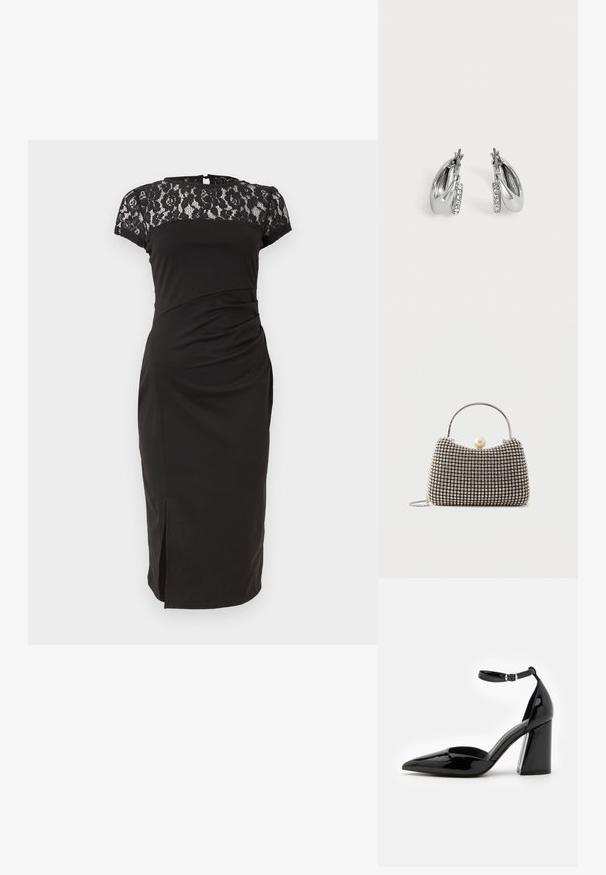 Robe noire mi-longue jusqu'aux genoux avec manches courtes en dentelle et empiècement, taille cintrée et petite fente à l'avant.; Chaussure à talon haut en cuir verni noir avec un bout pointu, une bride de cheville et un large talon bloc pour la stabilité, présentant une texture lisse et brillante.; Petit sac à main avec motif à carreaux argenté, poignée incurvée, grande fermeture à perle et une fine bandoulière en chaîne argentée sur un fond uni.; Paire de boucles d'oreilles créoles en argent avec une petite rangée de strass transparents sur le devant, présentée sur un fond gris clair uni.