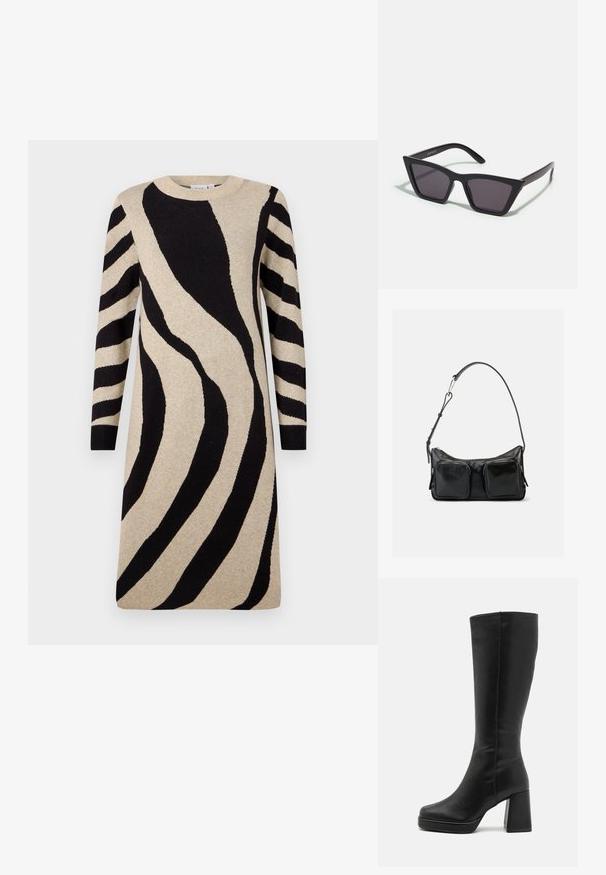 Robe en tricot avec une base beige ornée de larges rayures zèbres noires, des manches longues et un col rond. Texture douce et coupe décontractée.; Anna Field Bottes à talons hauts - black; Lunettes noires angulaires avec des verres gris ; fabriquées en plastique, avec des branches épaisses à la surface lisse et sans matériel visible.; Sac à bandoulière en cuir noir avec bandoulière réglable et deux grandes poches zippées à l'avant sur un fond clair uni.