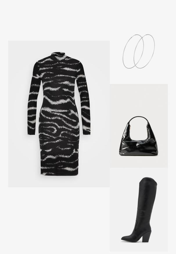 Vero Moda VMLOTTE HIGH NECK DRESS - Freizeitkleid - black; RAID LAKELYN - High Heel Stiefel - black; Schwarze Lacklederhandtasche mit einem halbkreisförmigen Griff, trapezförmiger Form, glatter Oberfläche und einem einzigen Reißverschlussdetail.; Silberne Creolen mit minimalistischem Design. Rundform, glatte Oberfläche und dünnes Profil. Leichtgewichtig mit hochglänzender Oberfläche.