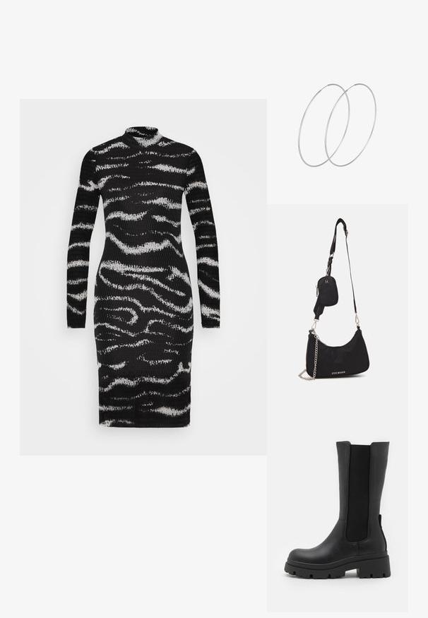 Vero Moda VMLOTTE HIGH NECK DRESS - Hverdagskjole - black; ONLY SHOES ONLDOJA - Plateaustøvler - black; Sort nylon skuldertaske med en buet form, sølvfarvet kædeaccent, aftagelig mini-pung og justerbar rem; prydet med "Steve Madden" logo.; Sølvøreringe med et minimalistisk design. Cirkulær form, glat tekstur og tynd profil. Letvægtige med en poleret overflade.