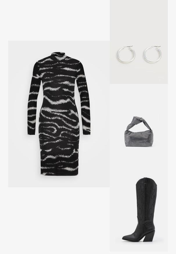 Vero Moda VMLOTTE HIGH NECK DRESS - Φόρεμα ημέρας - black; Μαύρο δερμάτινο καουμπόικο μποτάκι με μυτερή μύτη, tapered stacked heel και διακοσμητική ραφή κατά μήκος των πλεύρων.; Μαύρη και ασημένια τσάντα χειρός με υφασμάτινη επιφάνεια που διαθέτει διαμαντένιο σχέδιο, κόμπο στη λαβή και δομημένο σχήμα.; Ζευγάρι μεσαίου μεγέθους γυαλιστερά ασημένια σκουλαρίκια κρίκοι με λεπτά μεταλλικά κλείστρα σε ανοιχτό ουδέτερο φόντο.