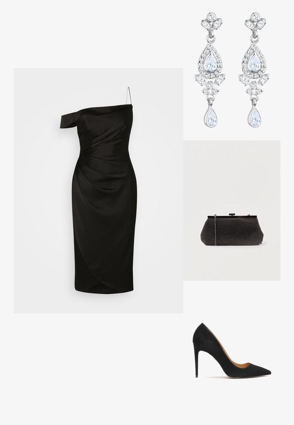Robe noire à épaule unique en tissu lisse, avec un corsage ajusté comportant des détails froncés et une jupe enveloppante arrivant au genou.; Escarpin noir en daim à talon haut avec un bout pointu, texture lisse et silhouette élégante. Présente un talon aiguille fin et des côtés ouverts.; Pochette noire en mesh avec une silhouette structurée, ornée de petits clous métalliques, dotée d'une fermeture à clip et d'une bandoulière en chaîne détachable.; Elli ANTIQUE DROP - Boucles d'oreilles - weiß